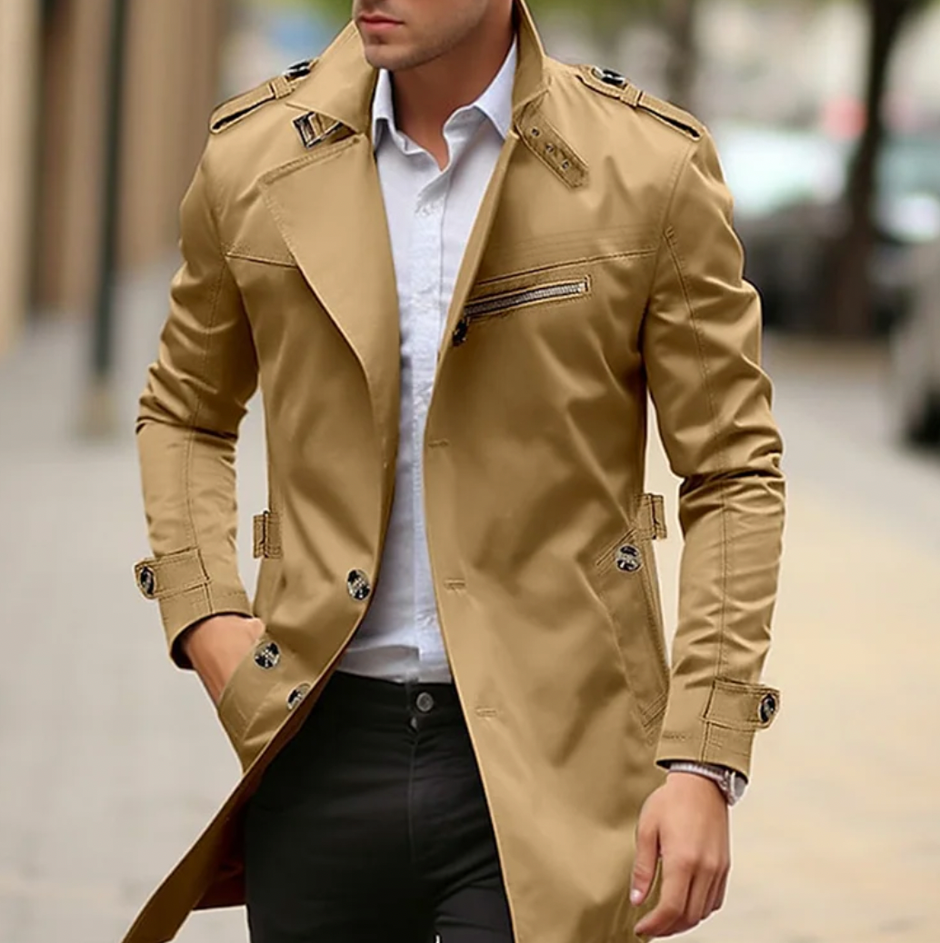 Men's Notch-Lapel Mid-Length Coat with Zipped Chest Pocket - Khaki