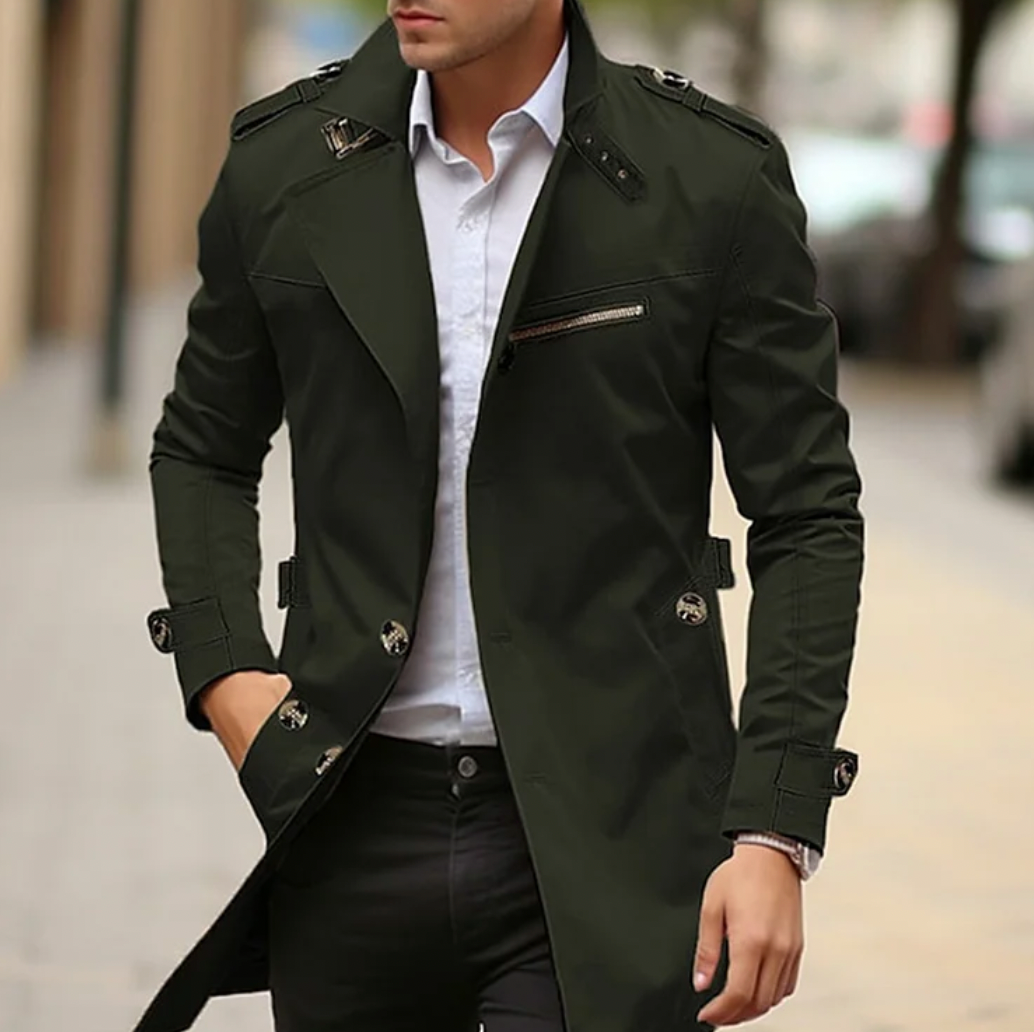 Men's Notch-Lapel Mid-Length Coat with Zipped Chest Pocket - Olive Green