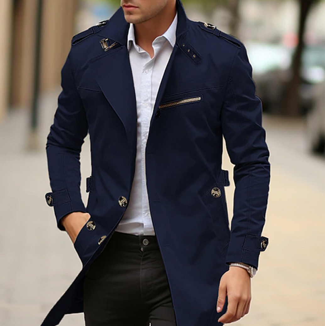 Men's Notch-Lapel Mid-Length Coat with Zipped Chest Pocket - Navy Blue
