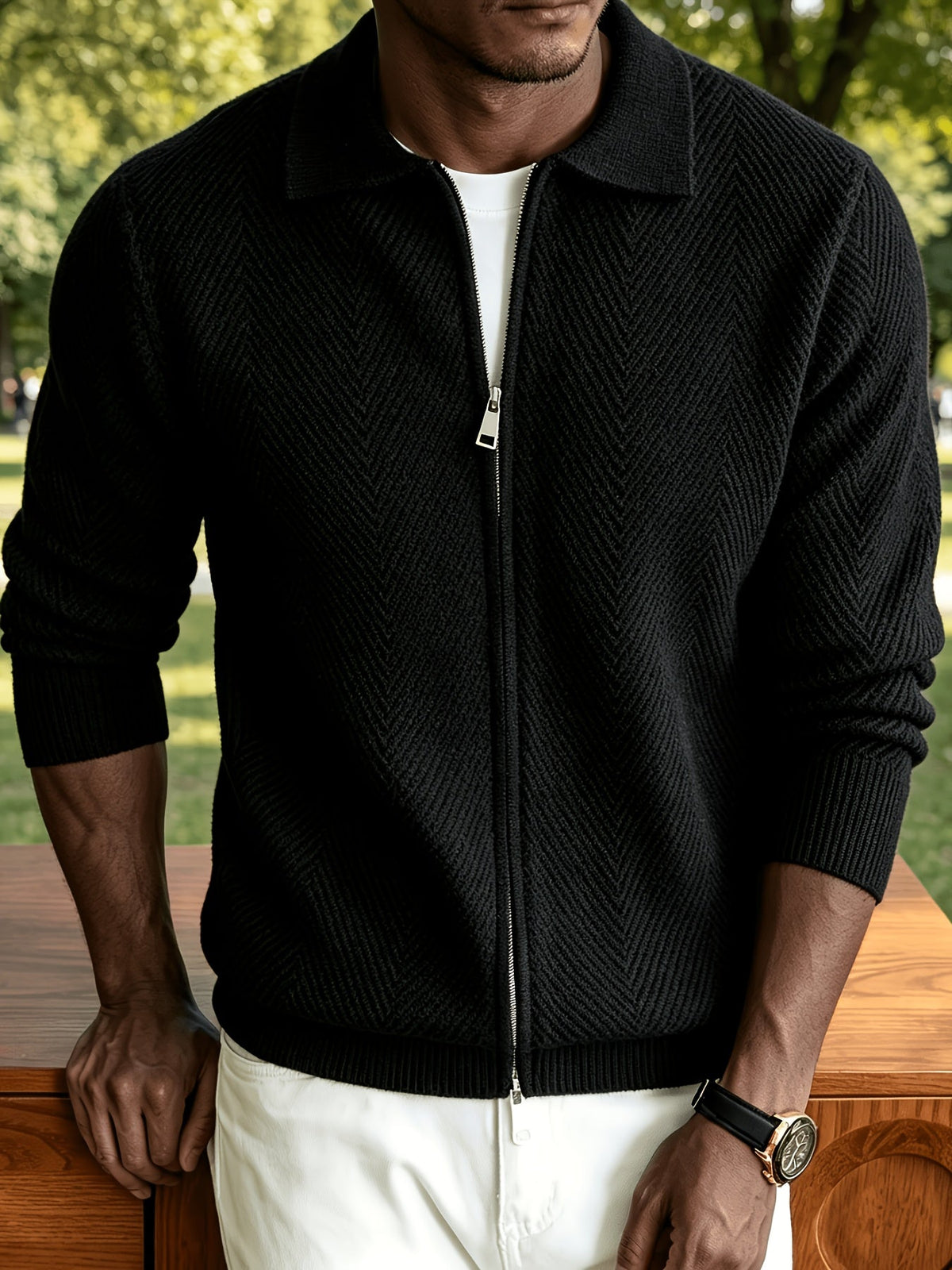 Men's Polo Collar Zip-Up Knit Jacket in a Chevron Pattern
