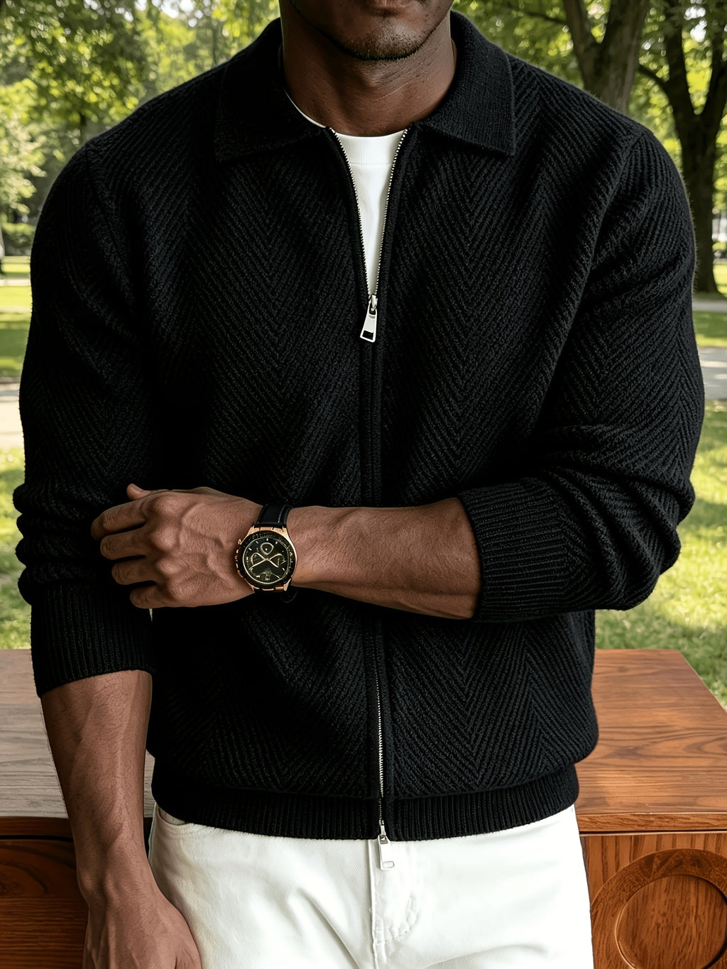 Men's Polo Collar Zip-Up Knit Jacket in a Chevron Pattern