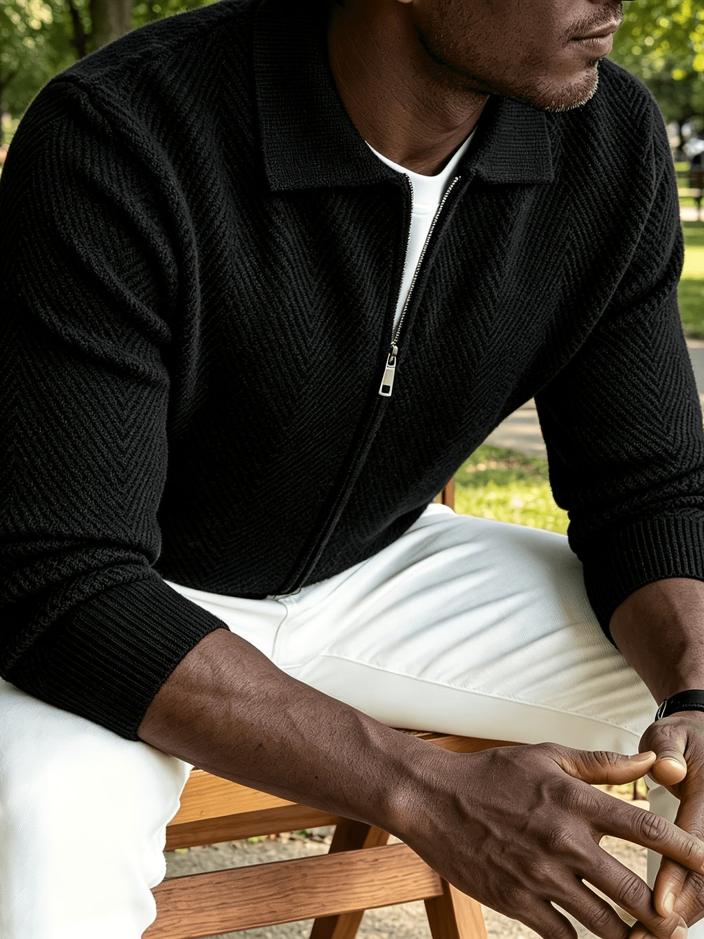 Men's Polo Collar Zip-Up Knit Jacket in a Chevron Pattern