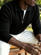 Men's Polo Collar Zip-Up Knit Jacket in a Chevron Pattern