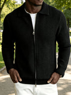 Men's Polo Collar Zip-Up Knit Jacket in a Chevron Pattern