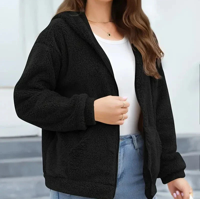 Women's Teddy Fleece Zip Hoodie with Big Front Pockets - Black