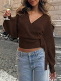 Women's Stretch Knit Wrap Jumper with Cinch Tie Waist - Brown