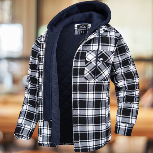 Men's Layered-Front Quilted Check Jacket with Shirt Collar and Hood - Black
