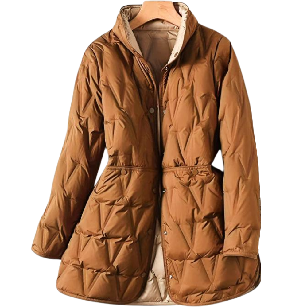 Women's Lightly Quilted Long Down Coat with High Collar - Brown