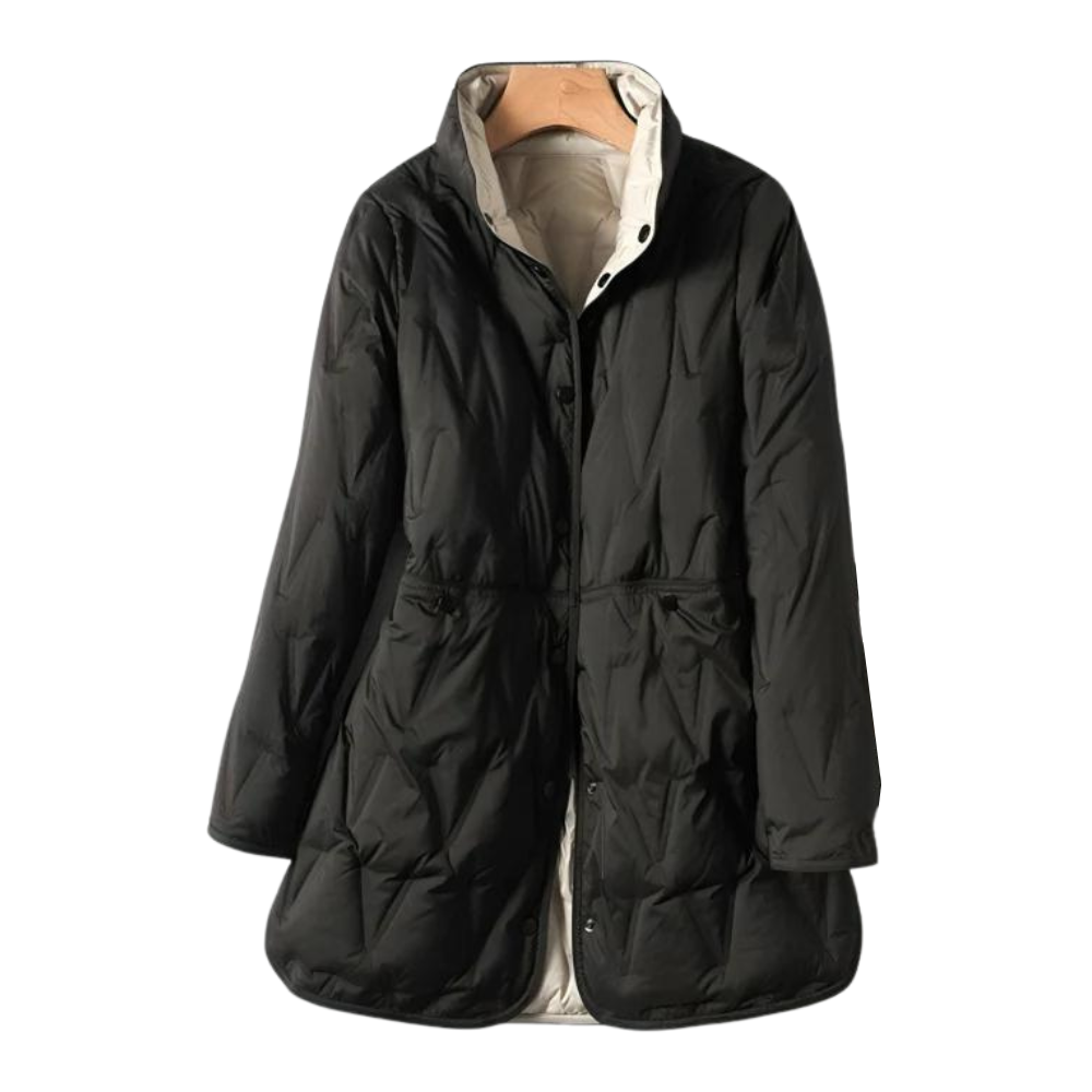 Women's Lightly Quilted Long Down Coat with High Collar - Black