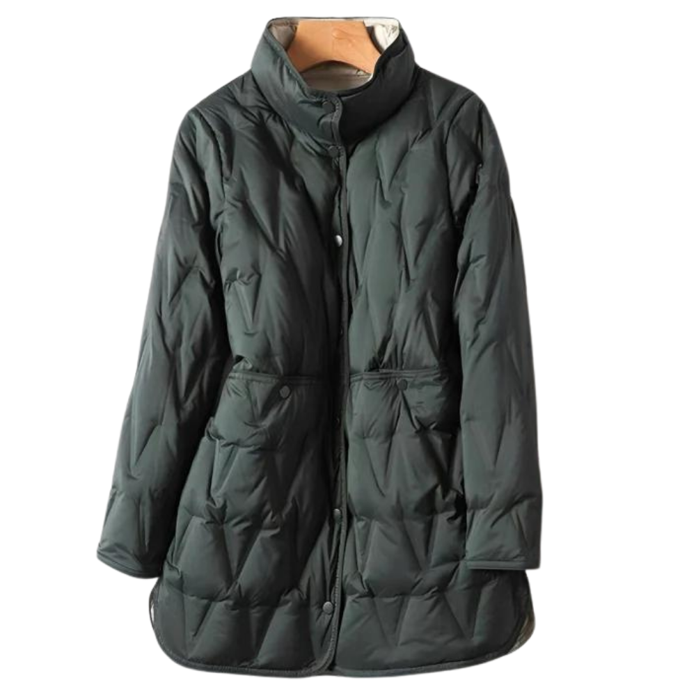 Women's Lightly Quilted Long Down Coat with High Collar - Dark Green