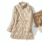 Women's Lightly Quilted Long Down Coat with High Collar - Beige