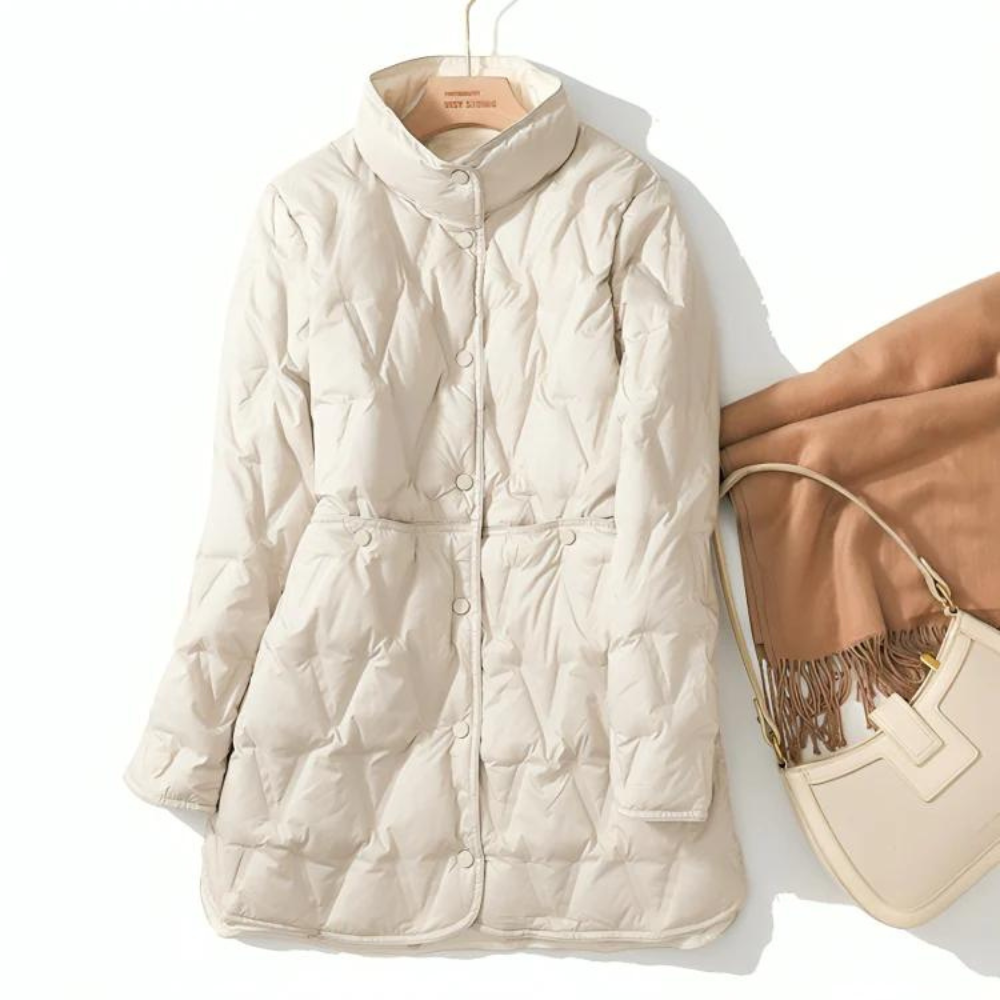 Women's Lightly Quilted Long Down Coat with High Collar - White