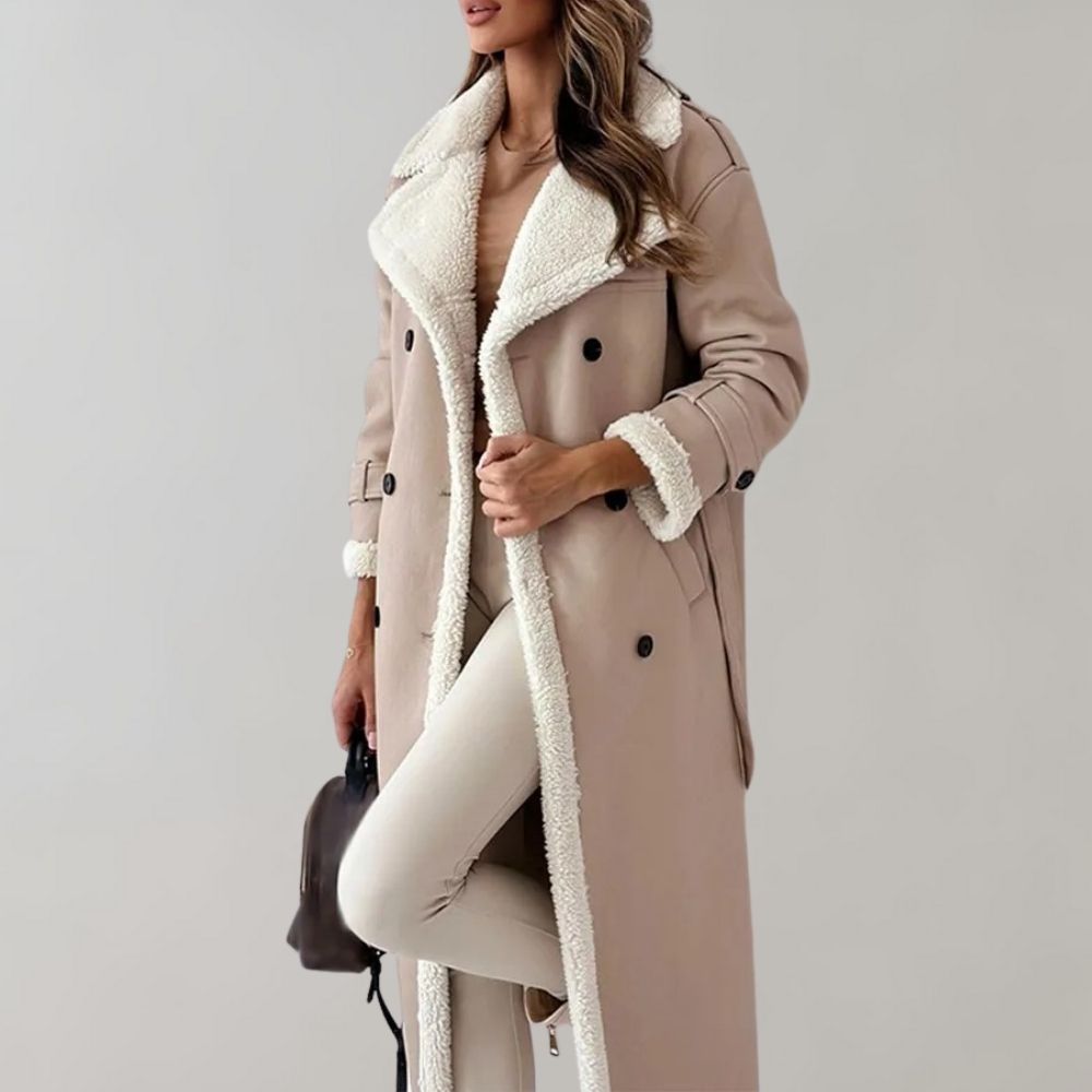 Women's Plush-Trim Faux Leather Long Coat with Epaulettes