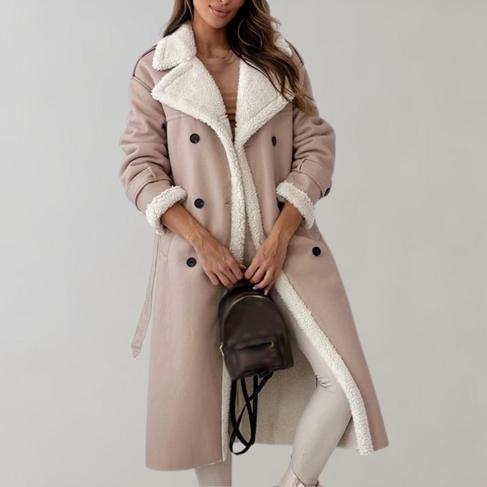 Women's Plush-Trim Faux Leather Long Coat with Epaulettes - Cream