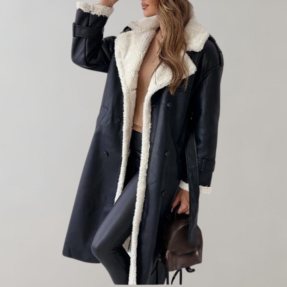 Women's Plush-Trim Faux Leather Long Coat with Epaulettes