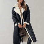 Women's Plush-Trim Faux Leather Long Coat with Epaulettes - Black
