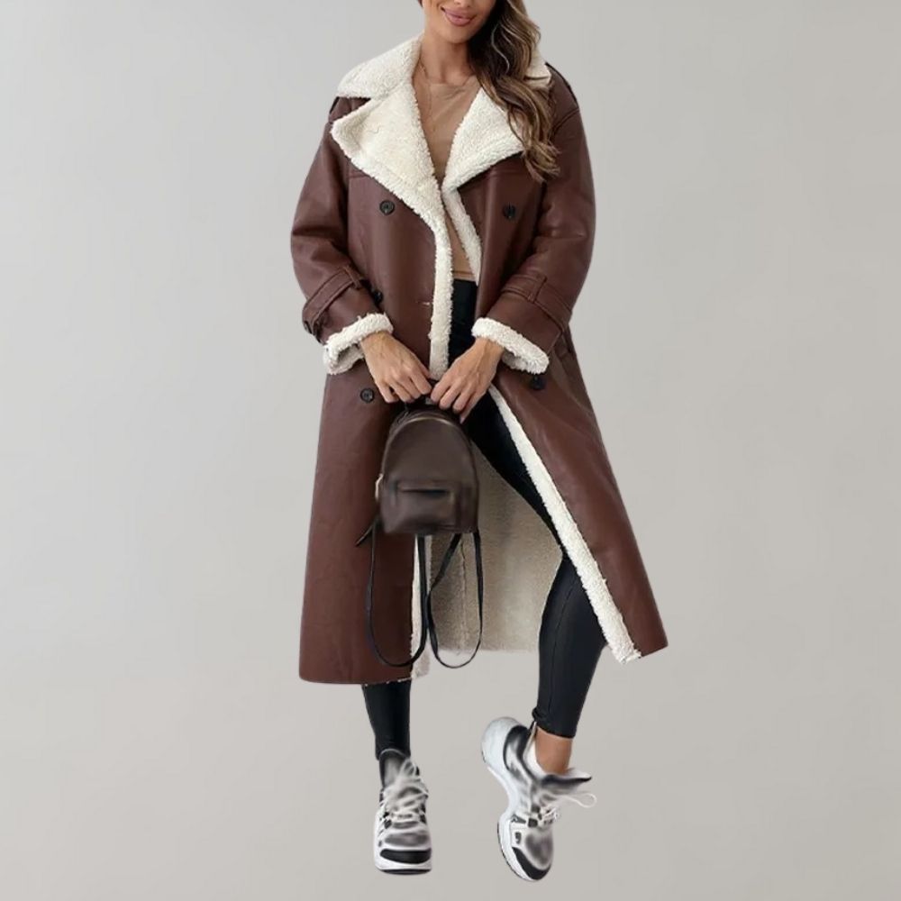 Women's Plush-Trim Faux Leather Long Coat with Epaulettes