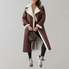 Women's Plush-Trim Faux Leather Long Coat with Epaulettes