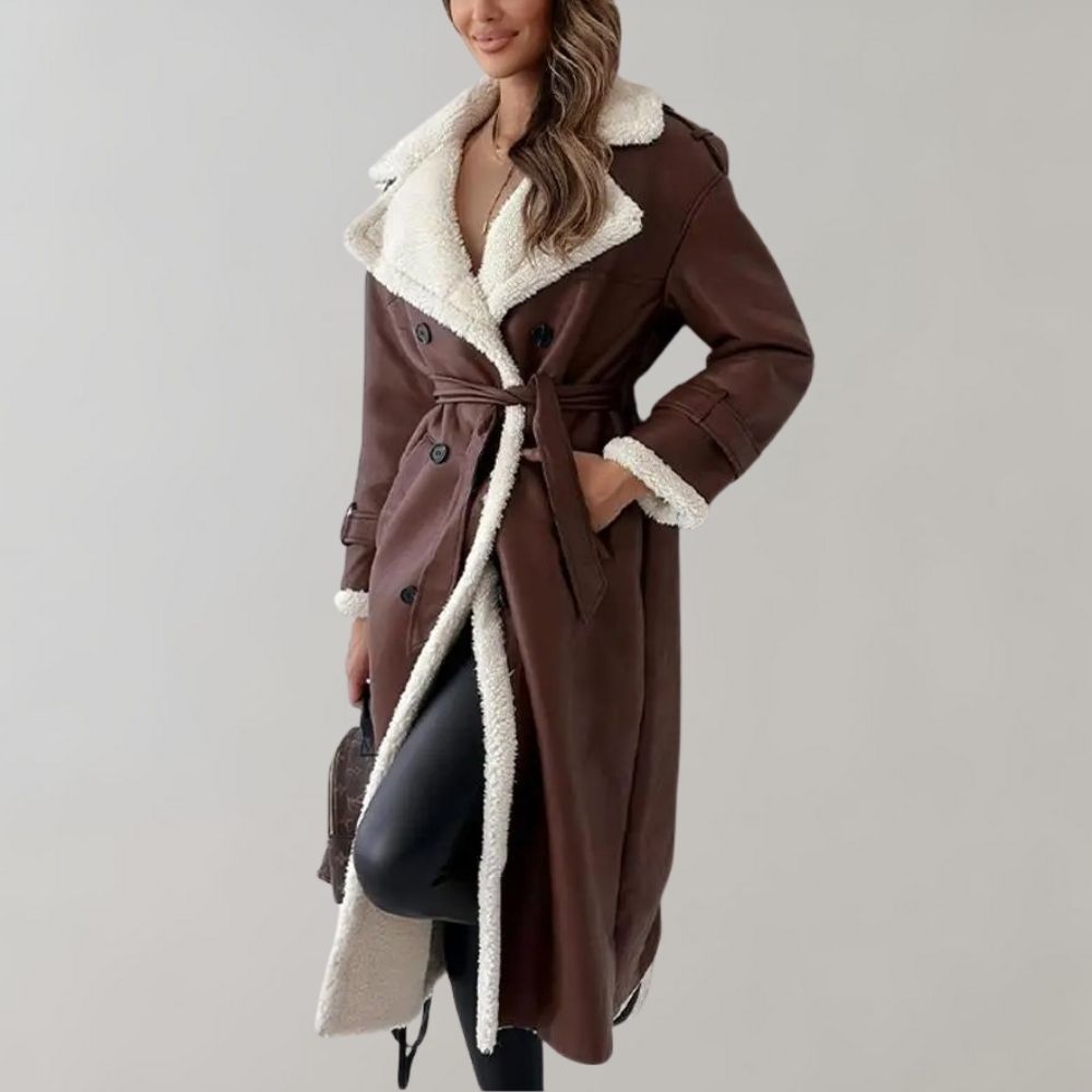 Women's Plush-Trim Faux Leather Long Coat with Epaulettes - Dark Brown