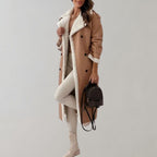 Women's Plush-Trim Faux Leather Long Coat with Epaulettes