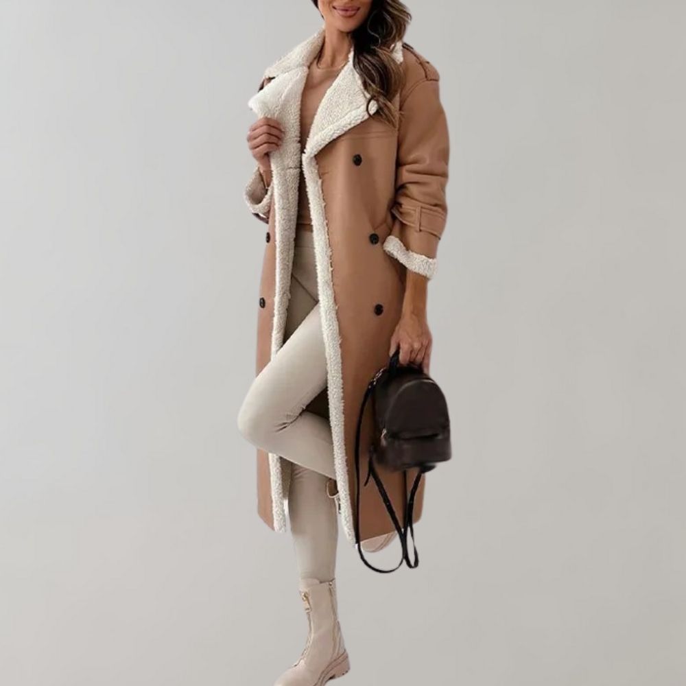 Women's Plush-Trim Faux Leather Long Coat with Epaulettes
