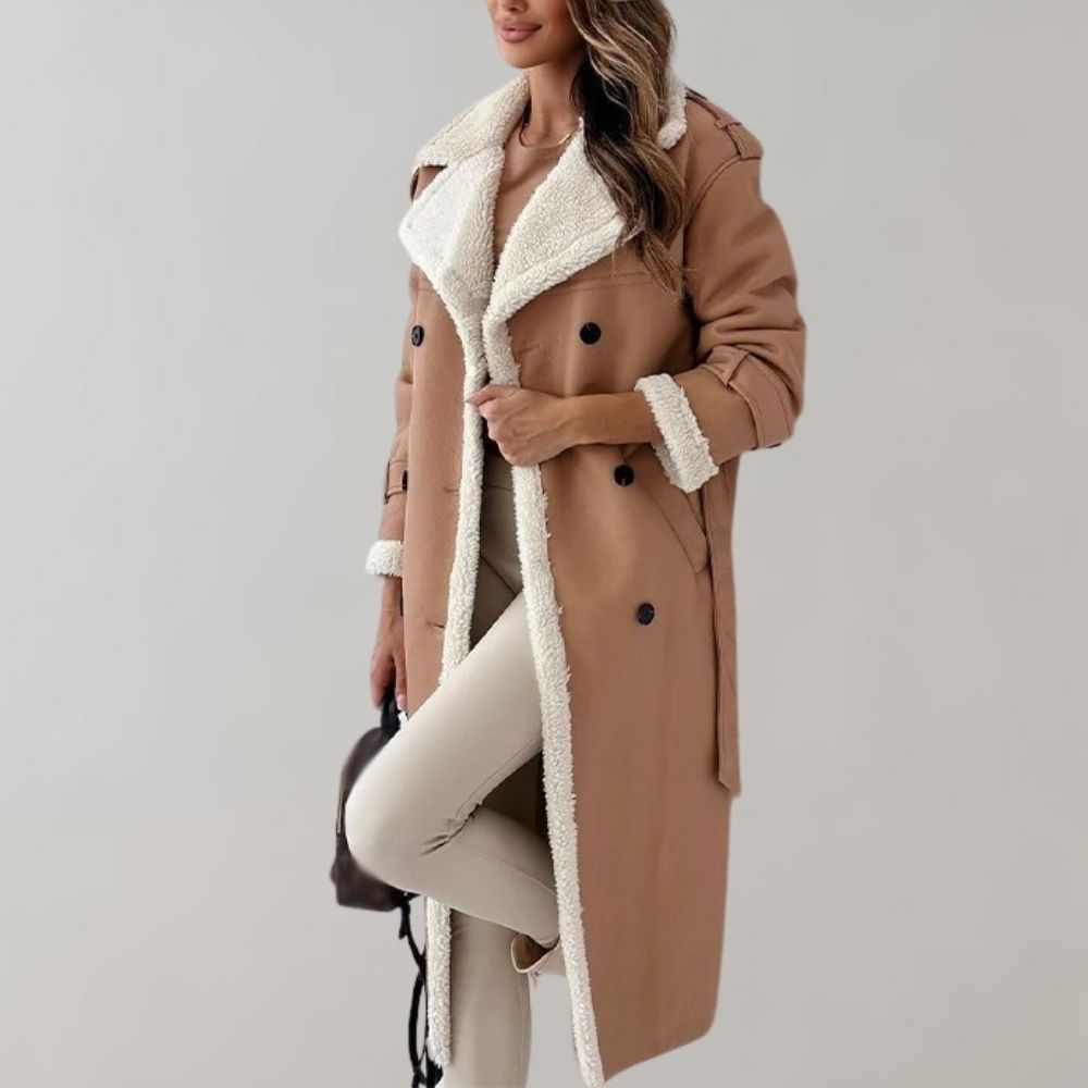 Women's Plush-Trim Faux Leather Long Coat with Epaulettes - Khaki