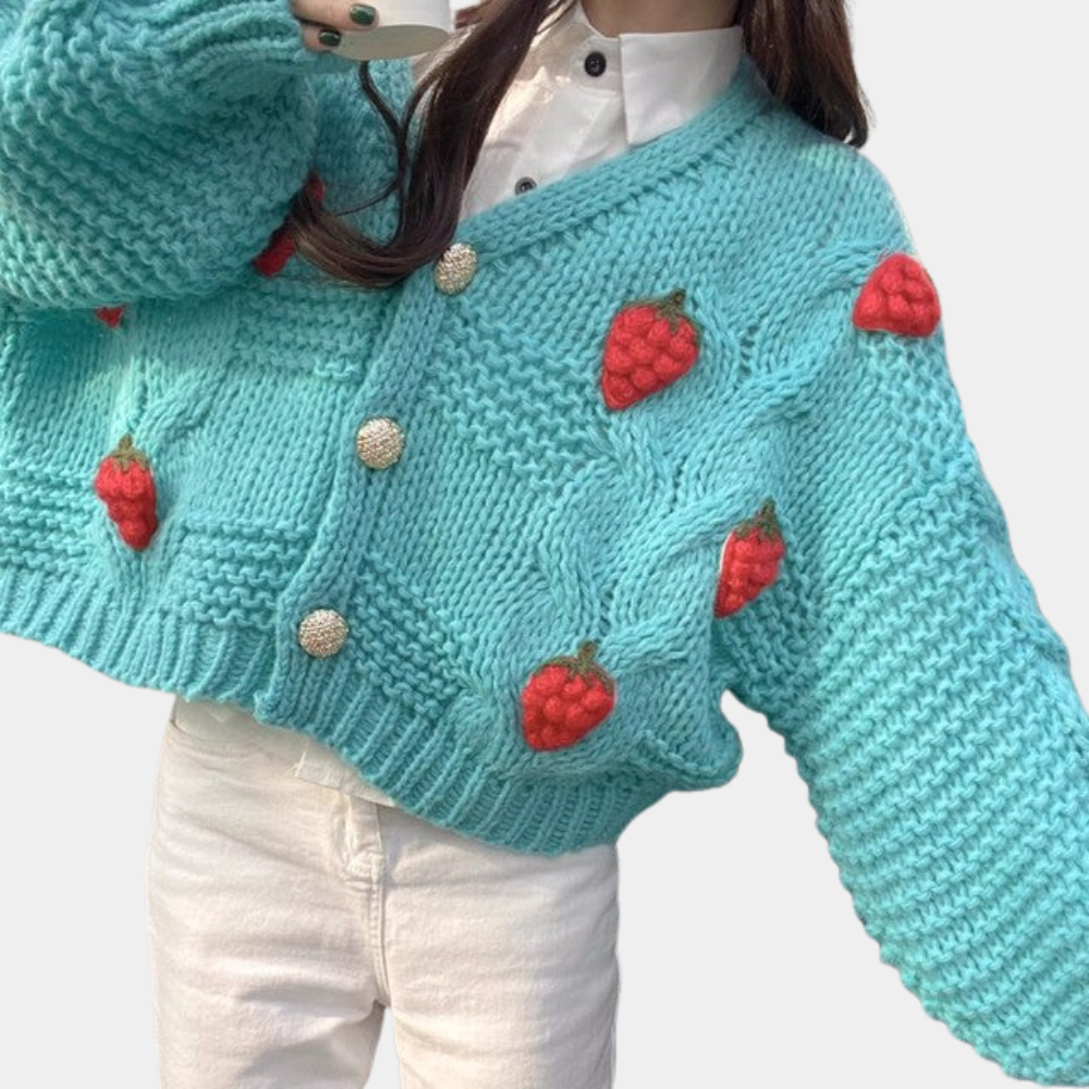 Women's Chunky Knit Cropped Cardigan with Raised Strawberries - Blue Green