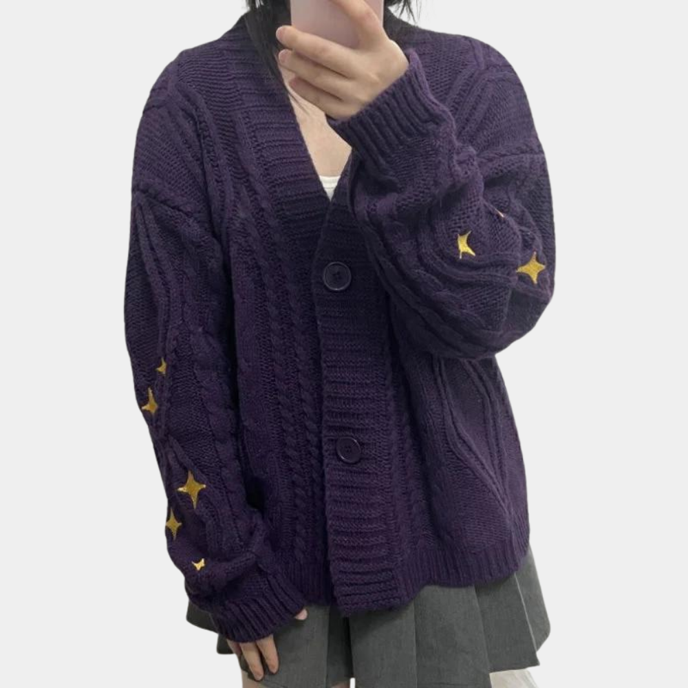 Women's Chunky Knit Cropped Cardigan with Raised Strawberries - Dark Purple