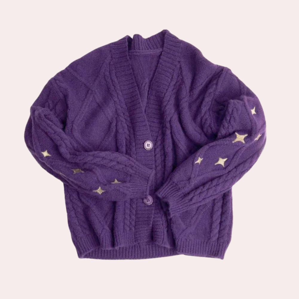 Women's Chunky Knit Cropped Cardigan with Raised Strawberries