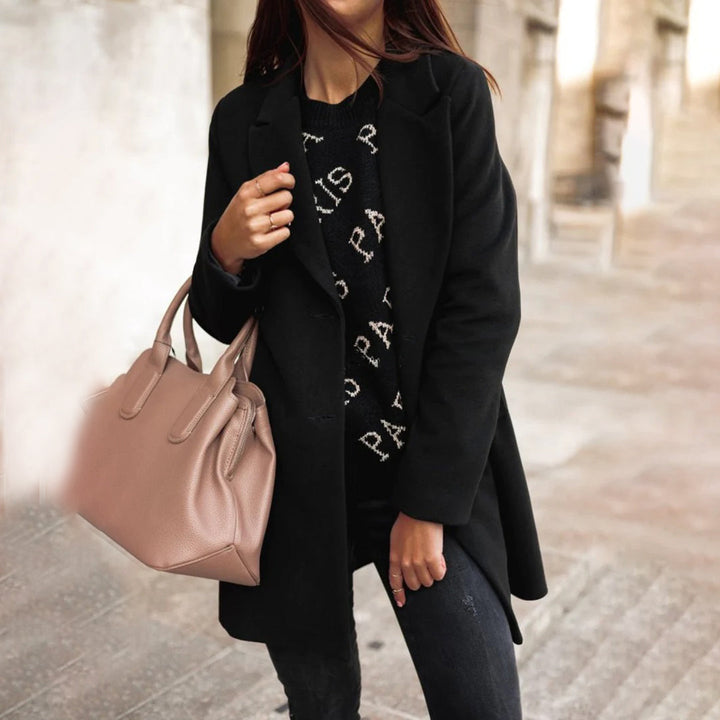 Women's Neat-Collar Buttoned Wool-Blend Coat in Extended Sizes - Black