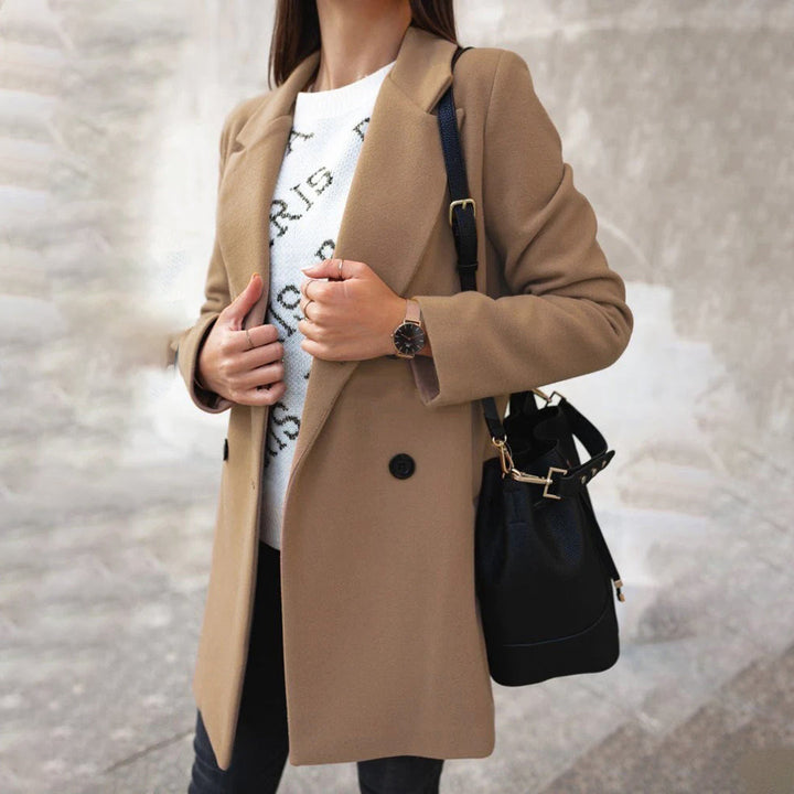Women's Neat-Collar Buttoned Wool-Blend Coat in Extended Sizes - Khaki