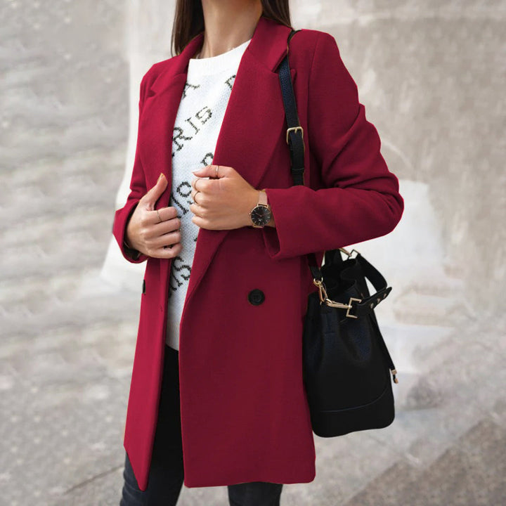 Women's Neat-Collar Buttoned Wool-Blend Coat in Extended Sizes - Red