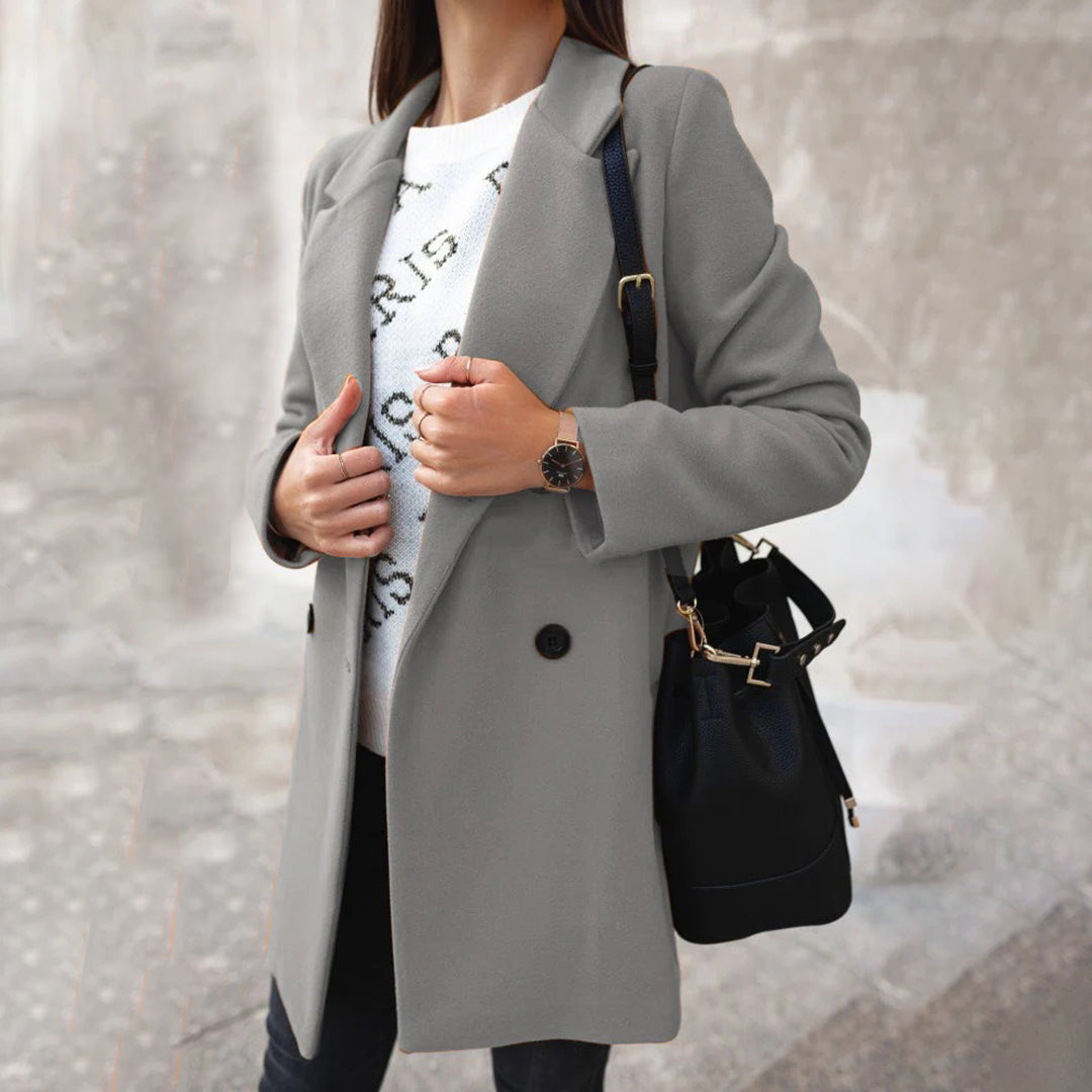 Women's Neat-Collar Buttoned Wool-Blend Coat in Extended Sizes - Grey