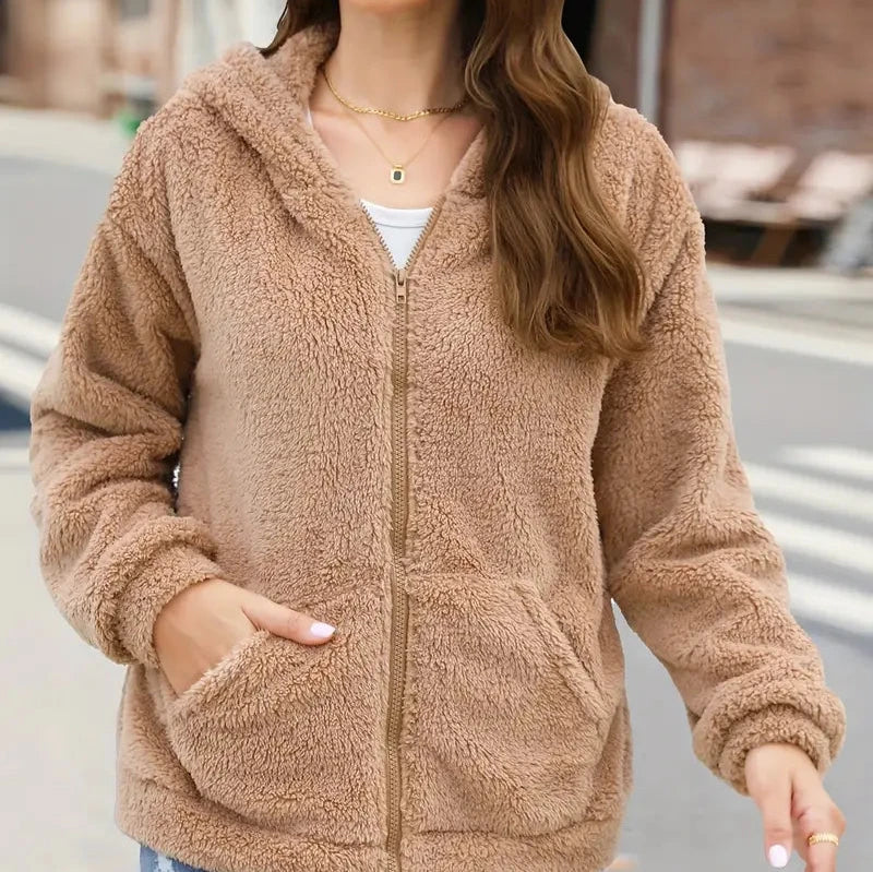 Women's Teddy Fleece Zip Hoodie with Big Front Pockets - Light Brown