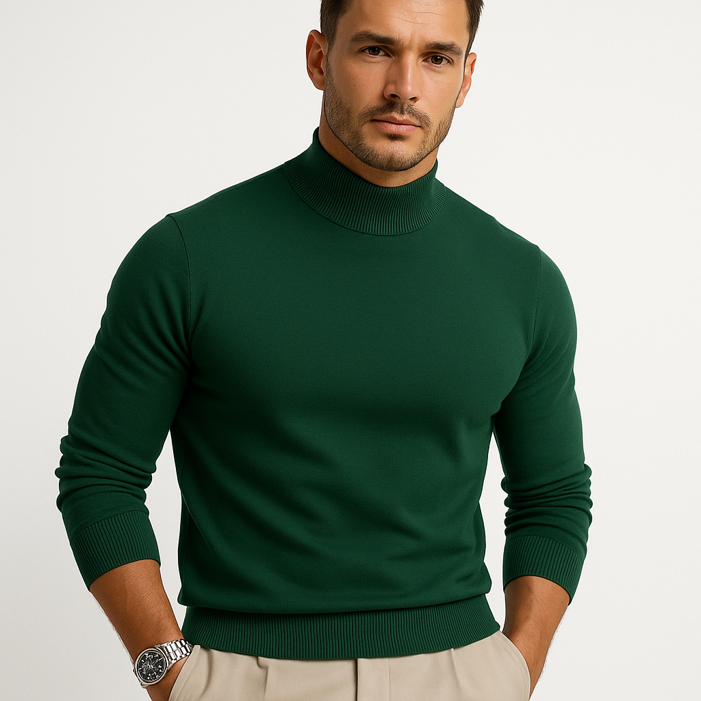 Men's Close-Fit Soft Knit Roll Neck for Smart Evenings - Green