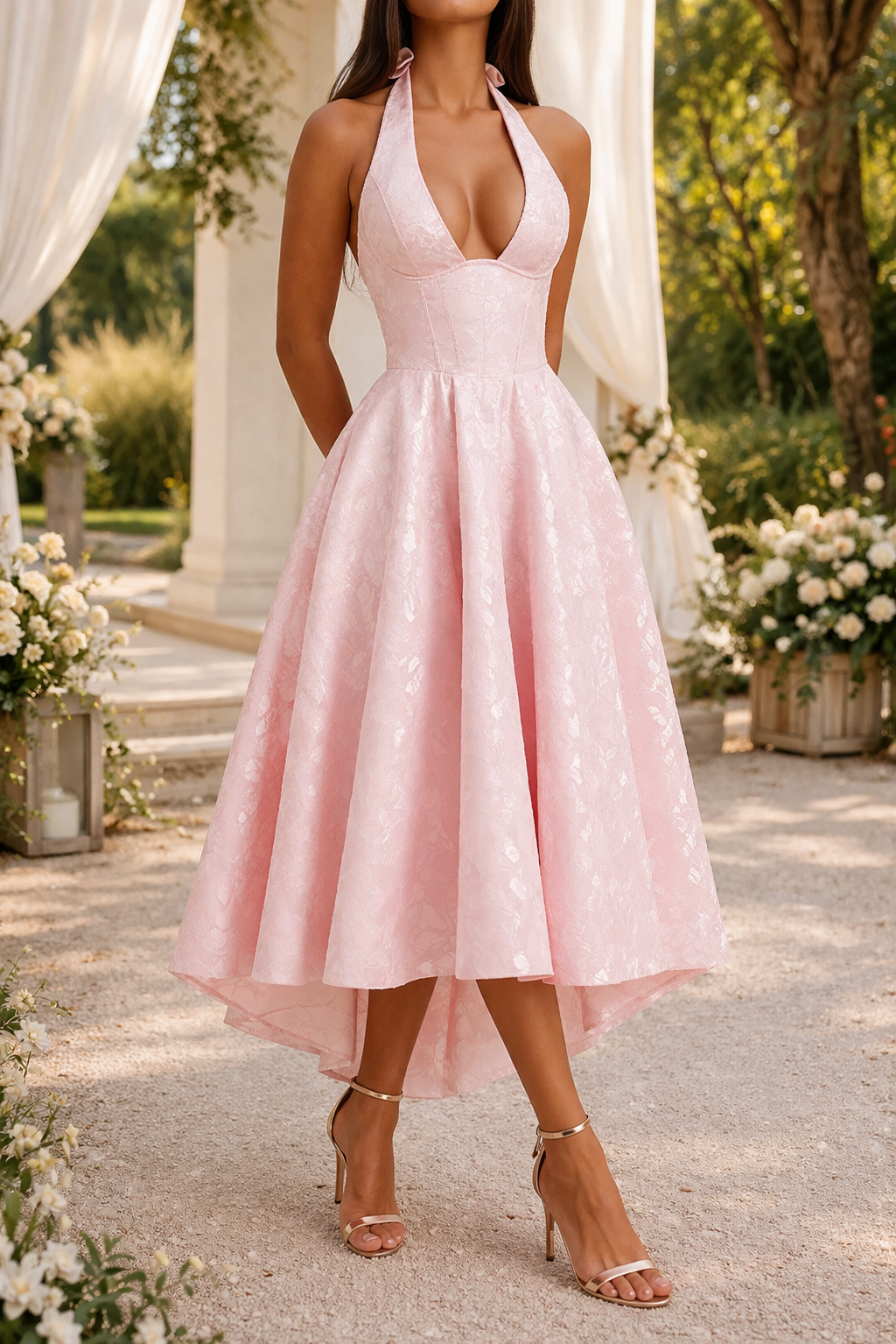 Women's Woven Jacquard Occasion Dress with Halter Neck - Pink