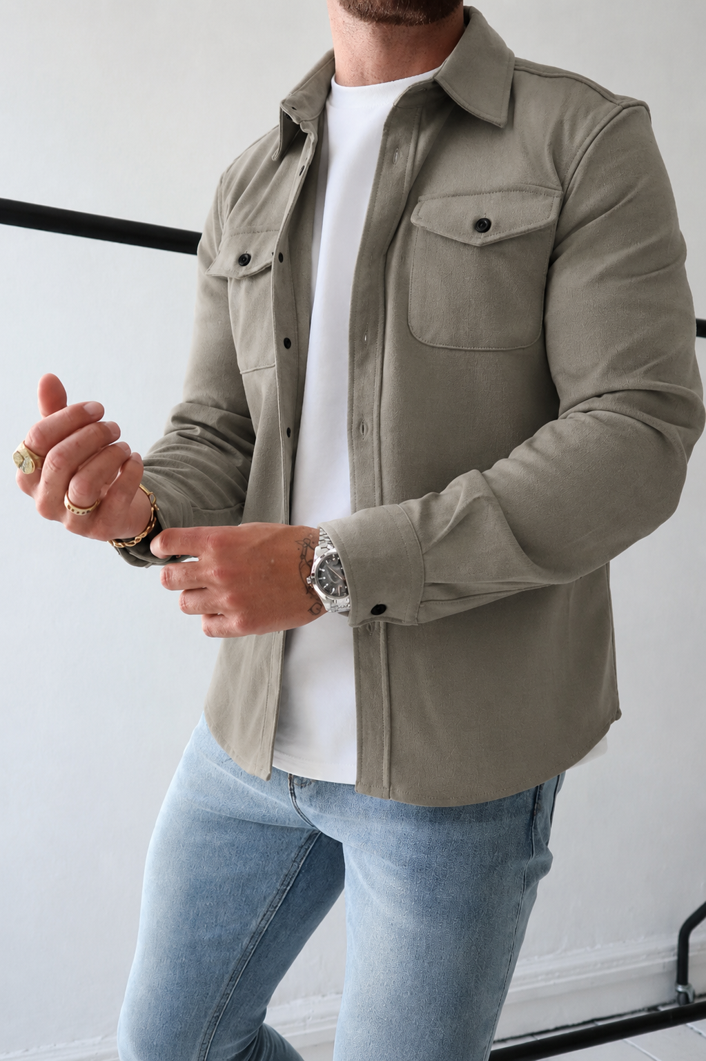Men's Between-Seasons Shirt Jacket with Button Chest Pockets - Beige