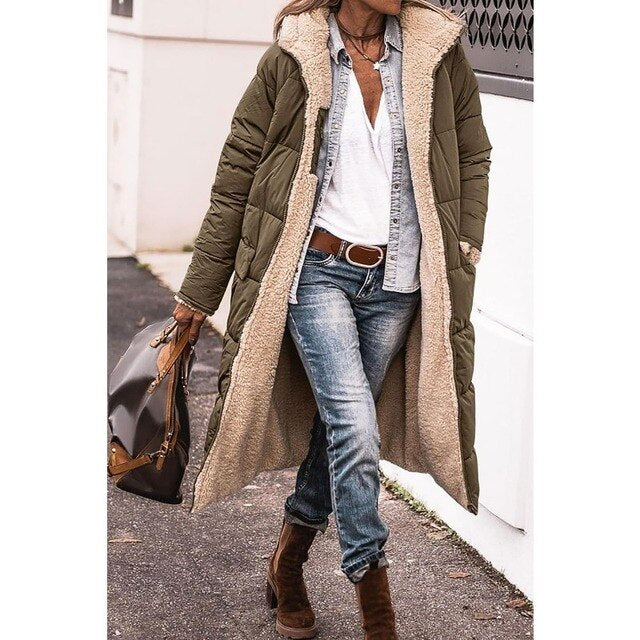 Women's Plush Sherpa Toggle-Fastening Coat with Hood - Olive Green