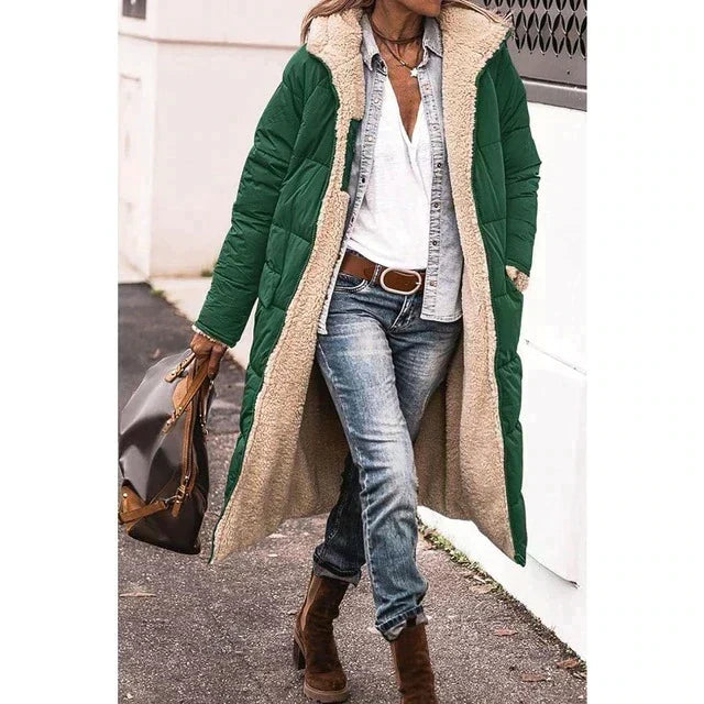 Women's Plush Sherpa Toggle-Fastening Coat with Hood - Dark Green