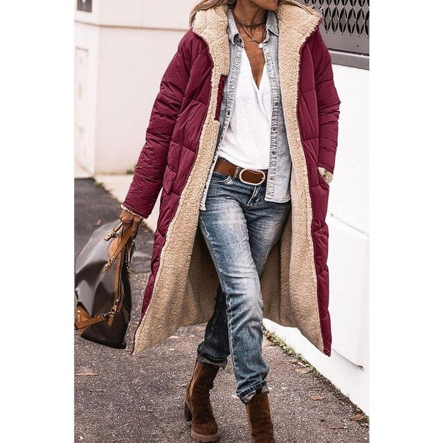 Women's Plush Sherpa Toggle-Fastening Coat with Hood - Wine Red