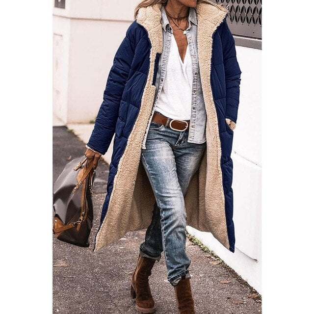 Women's Plush Sherpa Toggle-Fastening Coat with Hood - Navy Blue