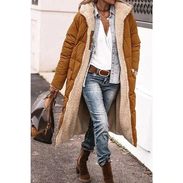 Women's Plush Sherpa Toggle-Fastening Coat with Hood - Brown