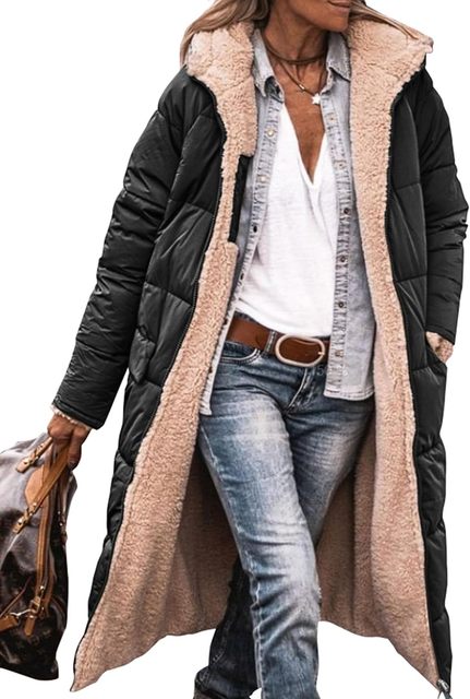 Women's Plush Sherpa Toggle-Fastening Coat with Hood - Black