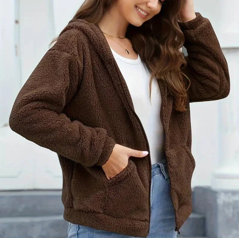 Women's Teddy Fleece Zip Hoodie with Big Front Pockets - Dark Brown