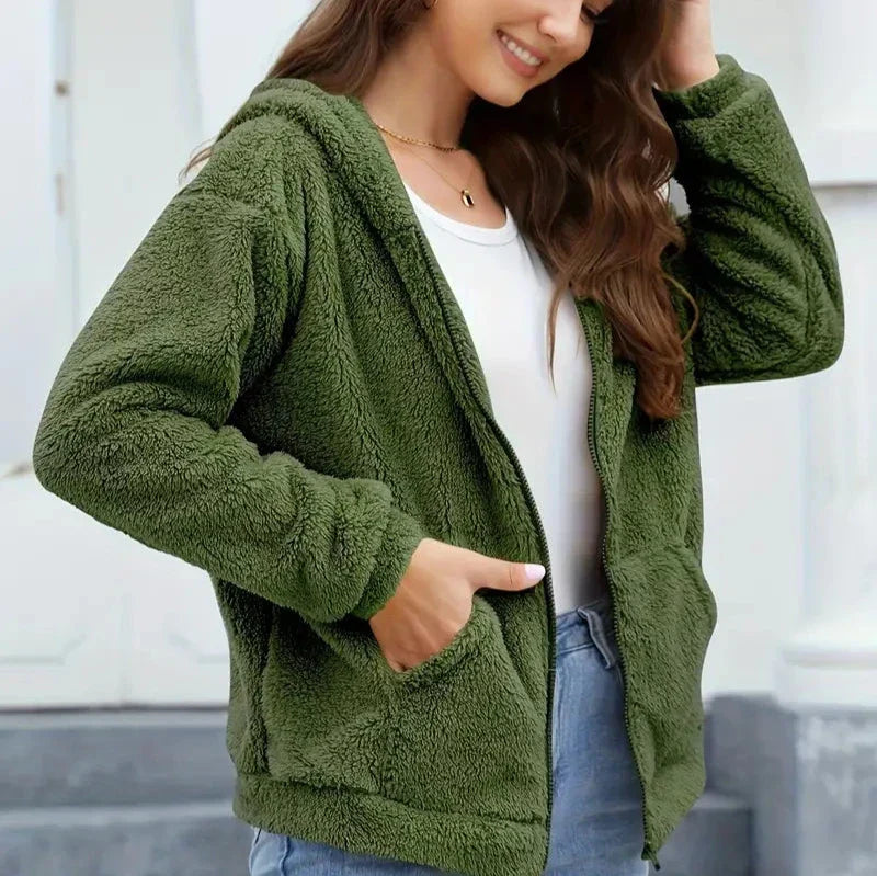 Women's Teddy Fleece Zip Hoodie with Big Front Pockets - Olive Green
