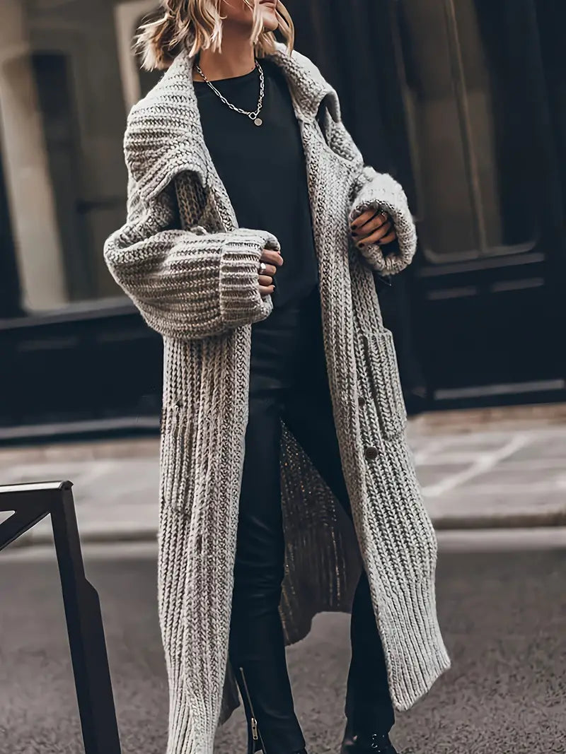 Women's Open-Front Rib-Knit Longline Cardigan with Roomy Sleeves - Grey