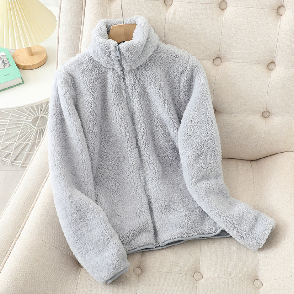Women's All-Over Plush Fleece Jacket with Full Front Zip - Light Grey