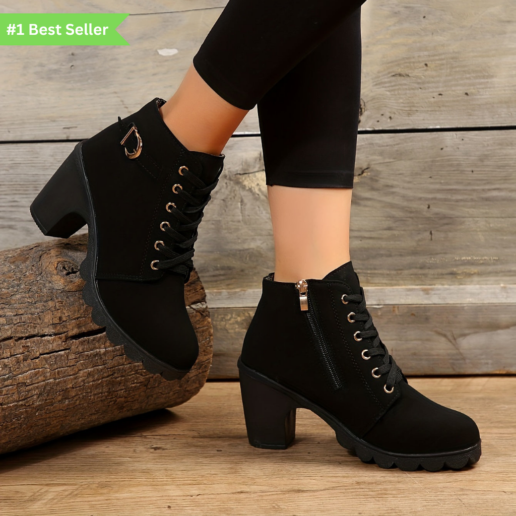 Women's Lace-Front Zip-Side Ankle Boots with Raised Block Heel