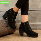 Women's Lace-Front Zip-Side Ankle Boots with Raised Block Heel