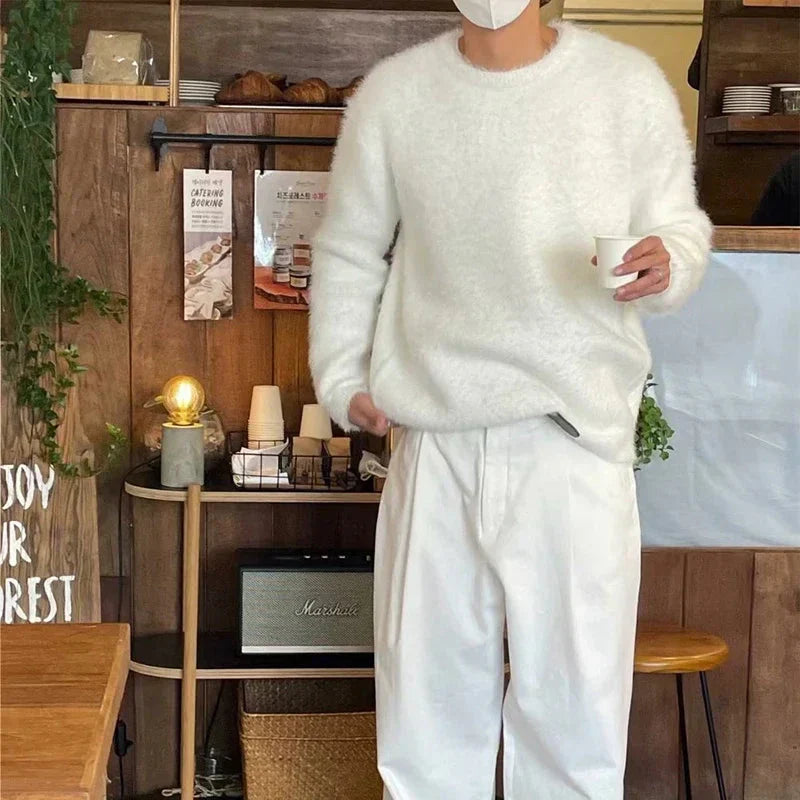 Men's Oversized Drop-Shoulder Longline Pullover in Fuzzy Knit